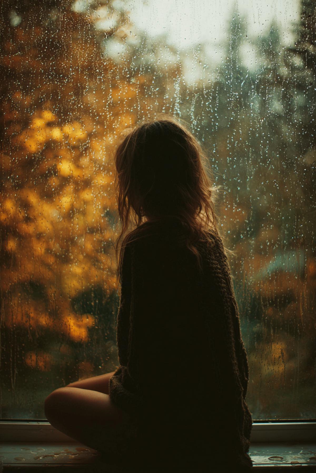Sad melancholic 23yo beauty we see her from back she is sitting near the window behind the glass its raining beautiful golden summer trees detailed photo