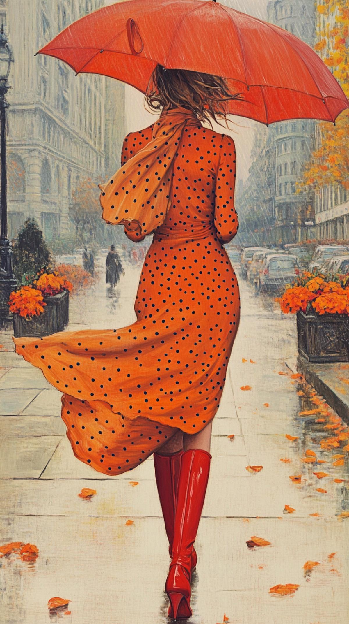 A woman in a bright orange dress with small dark polka dots walks down a city street, carrying a matching red umbrella and wearing red heeled ankle boots. The umbrella is open, hinting at possible rain. Small, curly strands of hair emerge from beneath a thin chiffon scarf tied around her head; the print resembles the curved yellow-orange autumn leaves. In the background, urban architecture and natural autumn elements combine: red marigolds, orange zinnias, and yellowing foliage. Its windy. The overall style of the painting is a blend of realism with a touch of artistry, emphasizing the use of color and light to create a dynamic and eye-catching image.
