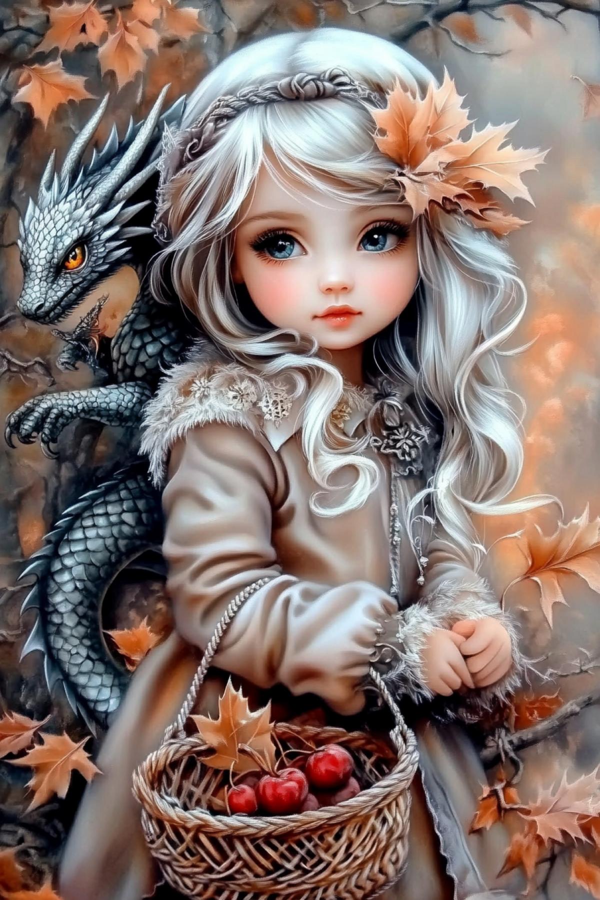 A small, charming young girl has a dragon behind her back and a dragon tail in front of her , realistic and exquisite details, embroidery on clothing, elements of autumn leaves covered with the first frost, a slight frost on everything, in the girls hands a small basket with red rose hips, large aperture, delicate, background light, central light, high resolution, high degree of halo RAW style