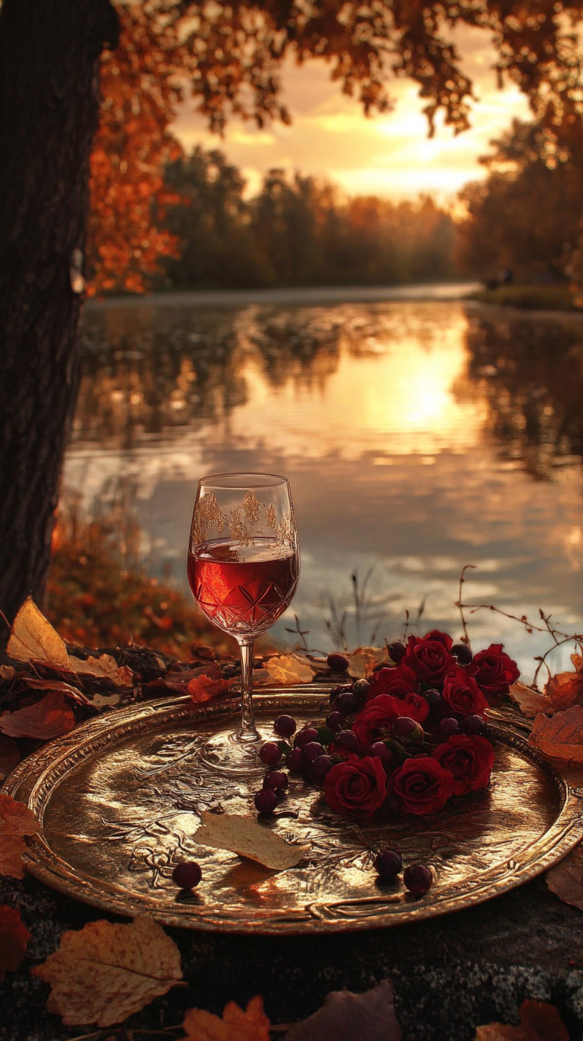 On the golden old tray, decorated with autumn leaves, roses and clusters of mountain ash, there is a glass of red wine, reflecting the last rays of the sunset sun. Around the atmosphere of comfort and tranquility reigns, a view of the water surface, along the banks of which the trees are packed in autumn decoration, crimson, yellow, orange colors, with still green grass, inspired by the soft light of autumn.