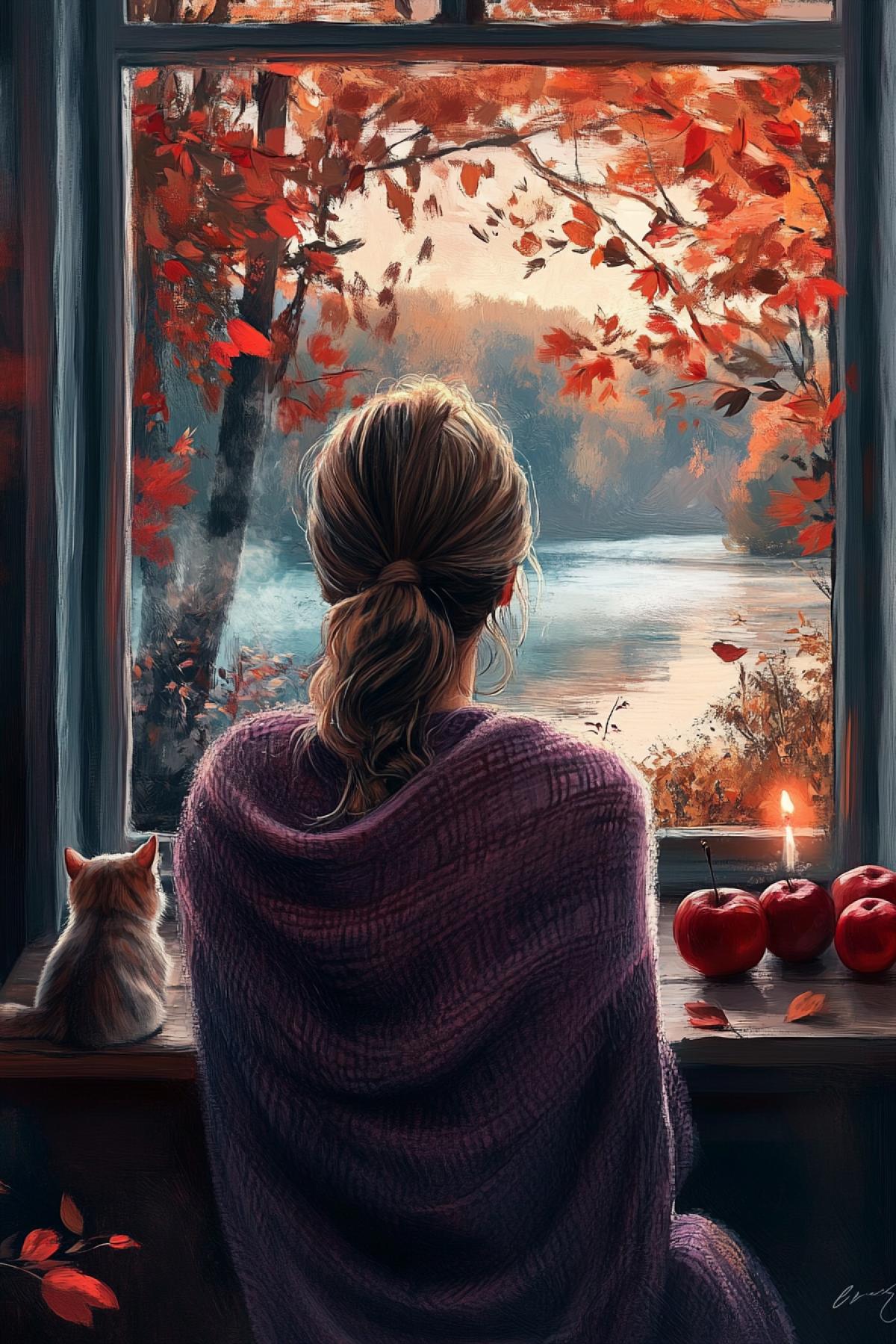 A woman sits by the window, her detailednut-colored hair pulled back into a neat, voluminous bun, gazing out at a serene autumn landscape. The window overlooks a quiet lake surrounded by bright red maple leaves. The room is lit with a warm glow, suggesting its either sunrise or sunset. The woman is wrapped in a cozy purple shawl, and a cat nestles beside her, with reddish-brown apples in a small glass vase. The overall mood of the painting is peaceful and contemplative.