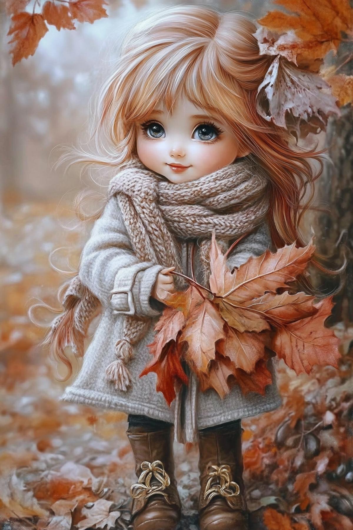 A masterpiece of color, this painting depicts a charming chibi girl with long, fluffy eyelashes, a babydoll style, and long red hair with a white streak, pulled back into two ponytails, standing in a muted autumn forest. She is dressed in a sand-colored autumn cashmere coat and a long dark scarf, entangled with small red and yellow autumn leaves. She wears brown lace-up boots with a gilded buckle. Large autumn leaves are fanned out in her hands like a bouquet. Expressive brushstrokes and rich textures emphasize the tactile sensations of the fabric and fur. Dramatic cinematic lighting creates dynamic shadows and highlights, enhancing the painterly realism of the scene. The warm color palette contrasts with the muted autumn park backdrop, which remains minimalist to focus attention on the figures curious and slightly unsettling 4k. Artstation quality, delicate aesthetics.