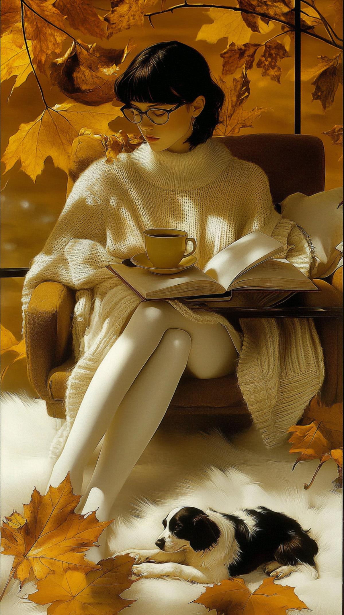 A girl, a glassed-in porch, a fluffy carpet, an armchair with a blanket, a coffee table with a cup of hot coffee and pastries, a green apple, an autumn pond outside the window, the wind blowing leaves off the trees, an autumn forest, a girl in a large sweater and glasses, a book in her hands, a small dark and white spaniel sleeping comfortably on a soft carpet at her feet.