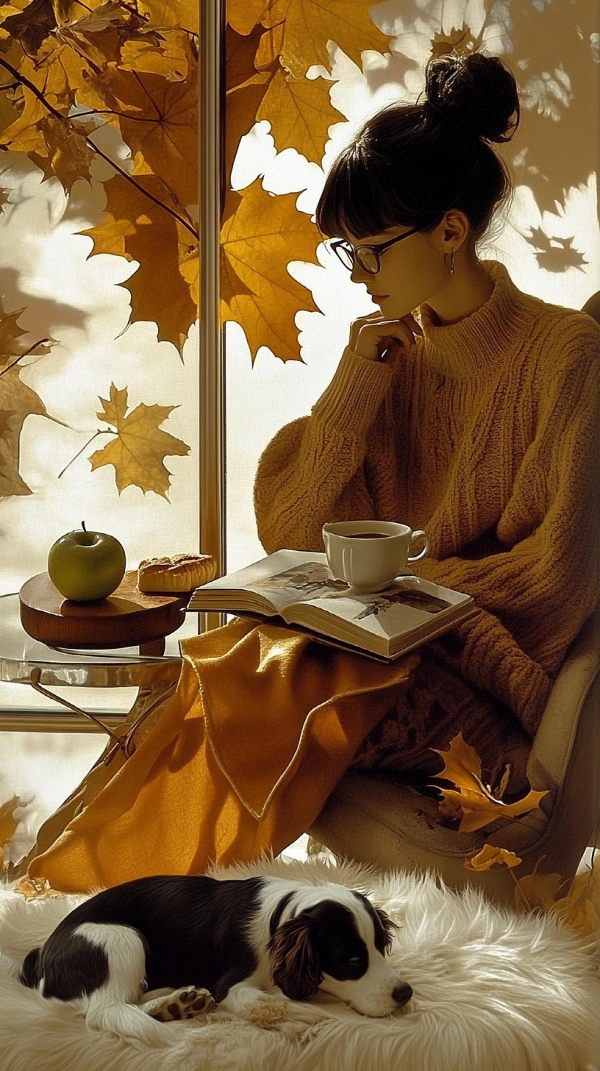 A girl, a glassed-in porch, a fluffy carpet, an armchair with a blanket, a coffee table with a cup of hot coffee and pastries, a green apple, an autumn pond outside the window, the wind blowing leaves off the trees, an autumn forest, a girl in a large sweater and glasses, a book in her hands, a small dark and white spaniel sleeping comfortably on a soft carpet at her feet.