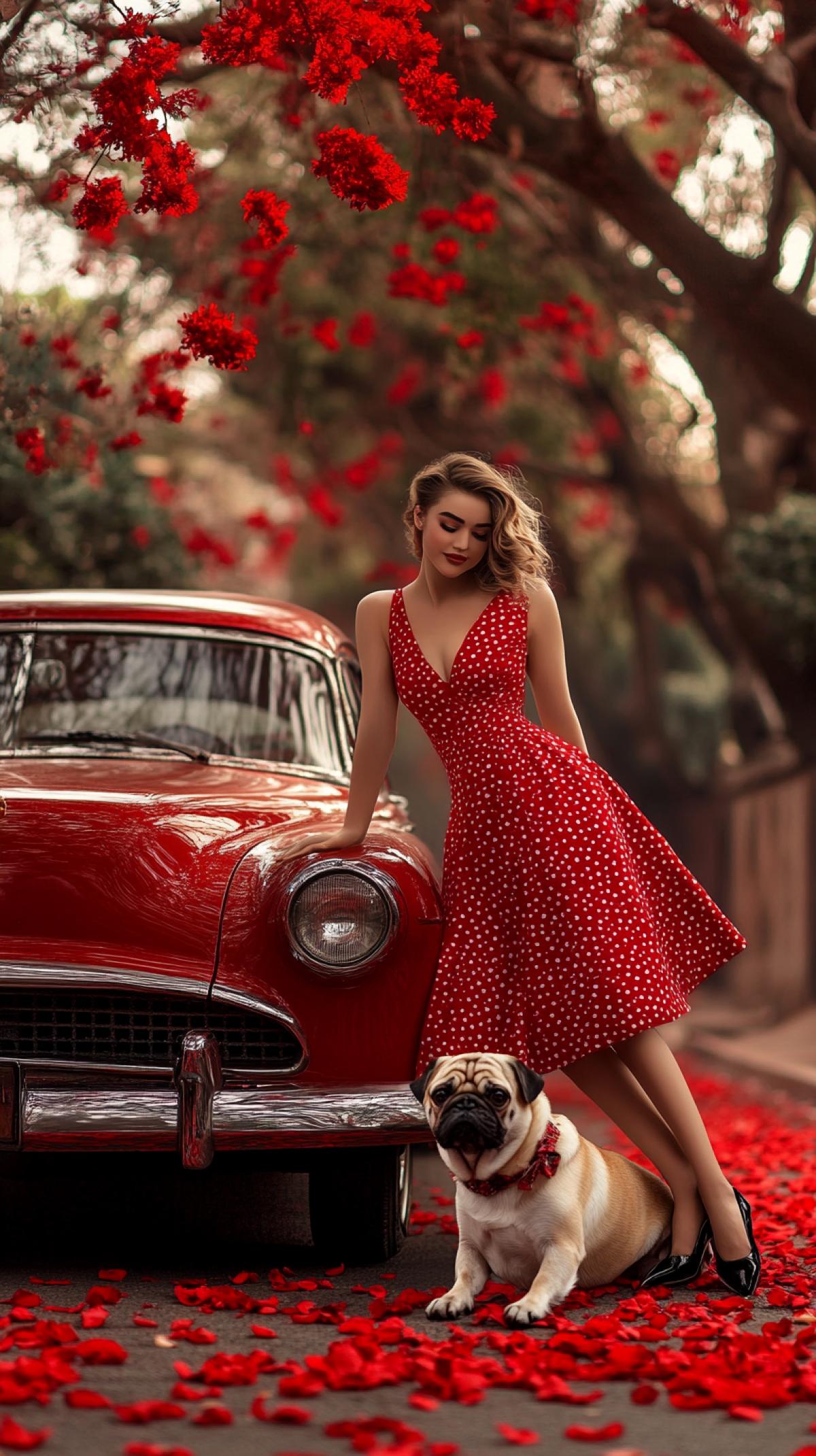 A young woman in a red polka dot dress is posing with a pug dog in front of a vintage red car. The car is parked on a street with fallen red petals around it, creating a romantic atmosphere. The woman is leaning on the cars hood, while the dog sits attentively at her feet. The scene is set against a backdrop of trees with red flowers, enhancing the vibrant red theme of the image.