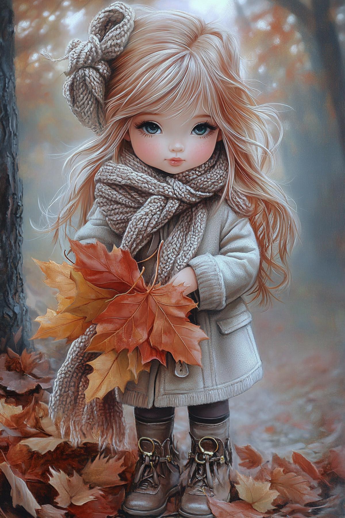 A masterpiece of color, this painting depicts a charming chibi girl with long, fluffy eyelashes, a babydoll style, and long red hair with a white streak, pulled back into two ponytails, standing in a muted autumn forest. She is dressed in a sand-colored autumn cashmere coat and a long dark scarf, entangled with small red and yellow autumn leaves. She wears brown lace-up boots with a gilded buckle. Large autumn leaves are fanned out in her hands like a bouquet. Expressive brushstrokes and rich textures emphasize the tactile sensations of the fabric and fur. Dramatic cinematic lighting creates dynamic shadows and highlights, enhancing the painterly realism of the scene. The warm color palette contrasts with the muted autumn park backdrop, which remains minimalist to focus attention on the figures curious and slightly unsettling 4k. Artstation quality, delicate aesthetics.