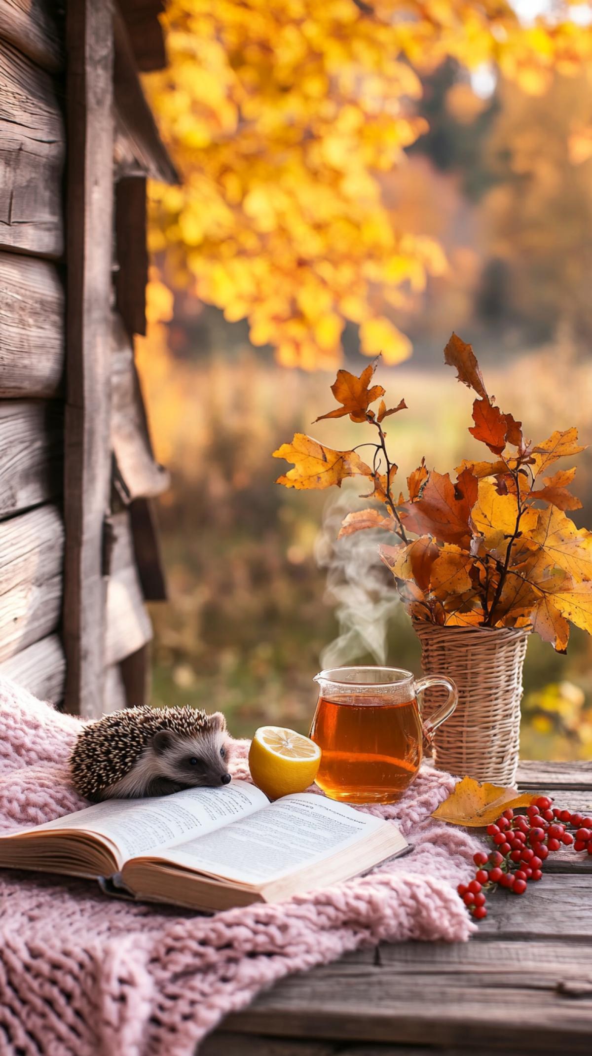 A cozy autumn scene on a rustic wooden bench near an old wooden house, soft natural lighting, a clear glass teapot with a cup of amber sea buckthorn tea standing next to an open book, two lemon slices nearby, a warm pink-gray wool blanket draped over the bench with a small hedgehog curled up comfortably, and a small wicker vase filled with bright golden-yellow maple leaves like a bouquet of leaves and red-orange rowan berries, blurred autumn trees with golden foliage in the background, a steaming cup of tea, 8k, super detail, wood and leaf texture, warm tones and a cozy atmosphere. ar 9:16