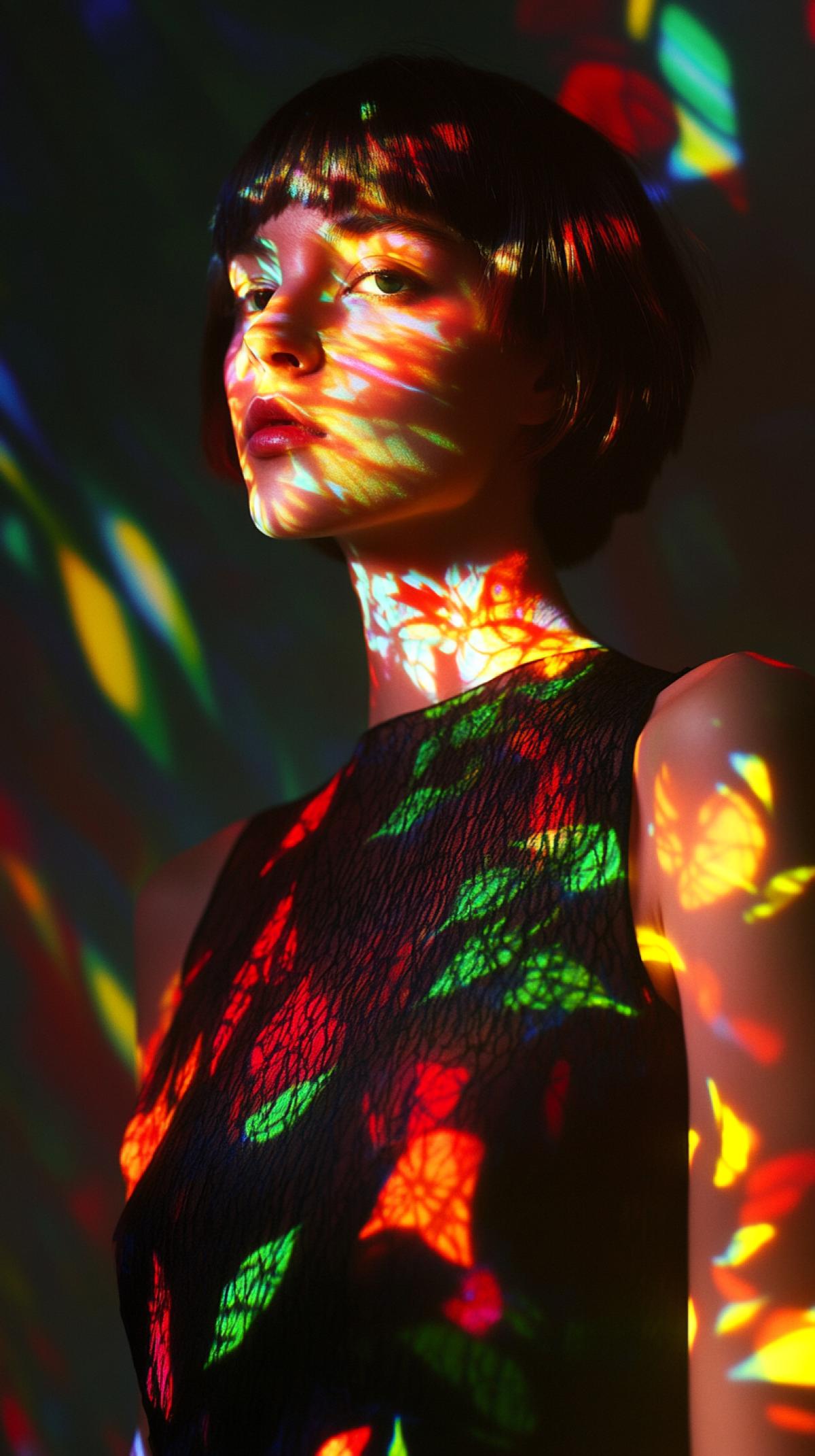 A woman in a dark, scoop-neck dress is illuminated by a dynamic interplay of multicolored projections. Red, yellow, green, and burgundy leaves and amorphous patches of red, green, and blue light dance across her upper and neck, creating a mesmerizing decorative effect. The models dark pixie cut contrasts with the bright, almost ethereal lighting. The dimly lit background emphasizes the visibility of these colorful light patterns, imbuing the scene with a sense of artistic expression and fantasy. The overall atmosphere is one of experimentation with light and color, resulting in a visually vibrant and creative photograph.