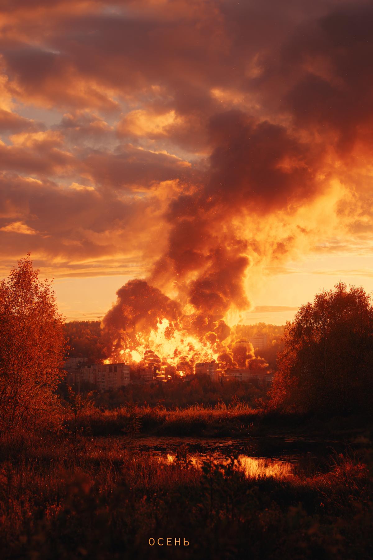 Golden Autumn bright skies with burning vessels text \"OCEHb\"