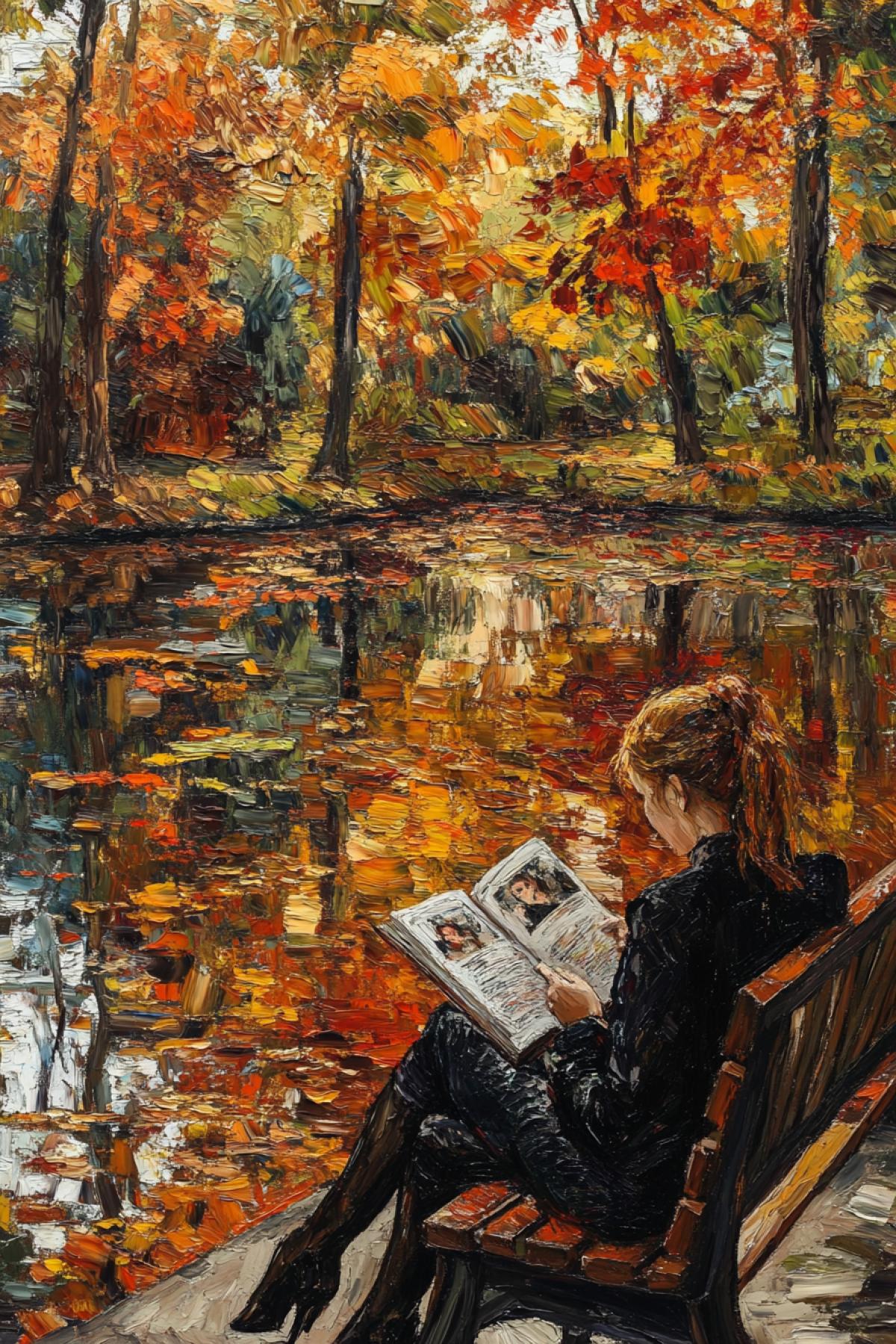 Girl reading a novel on a bench, in a park with autumn leaves and a pond that reflects the unusualness, beauty and fabulousness of autumn of the style of Van Gogh