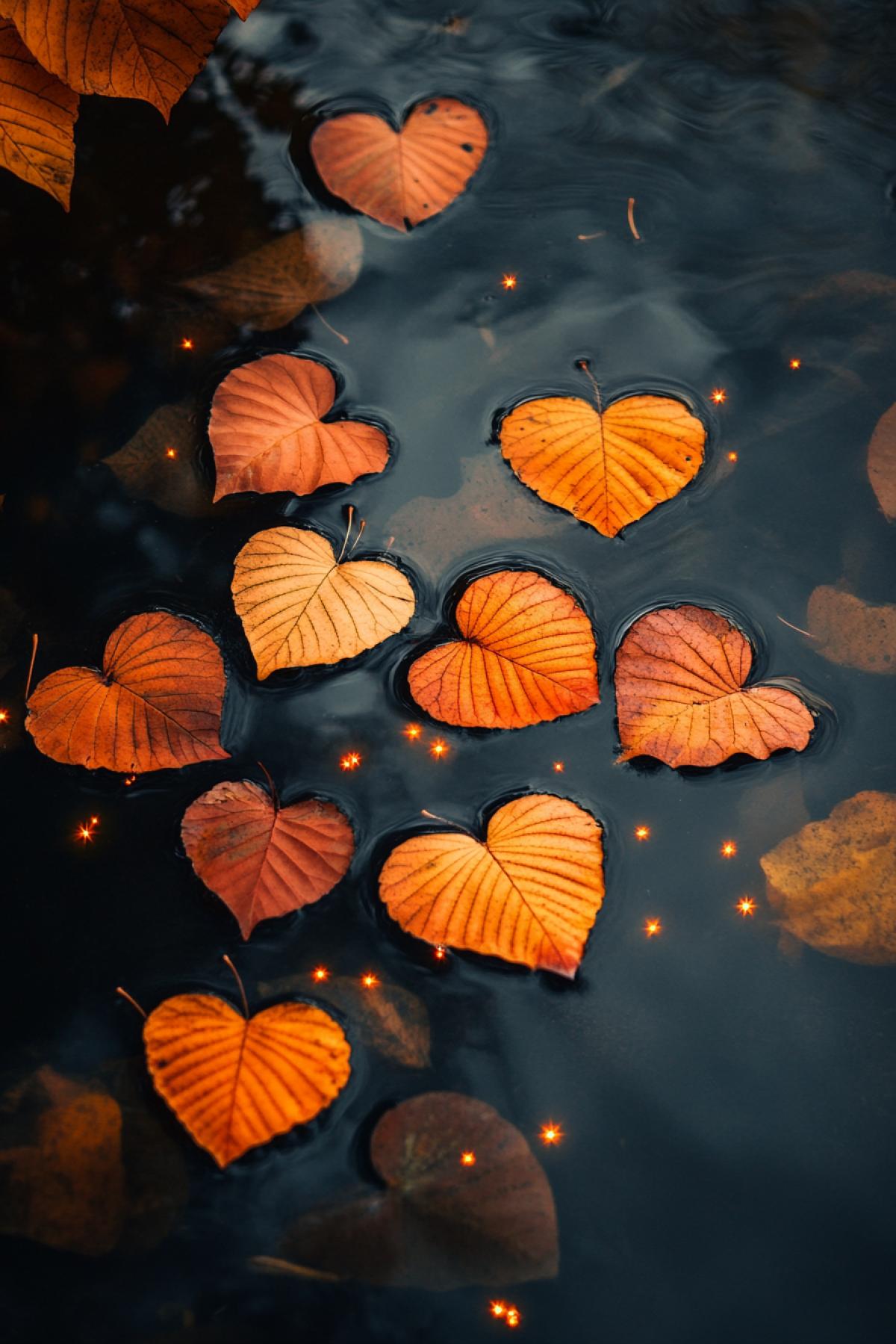 Autumn leaves on the surface of the lake in the form of hearts, around the autumn sparks