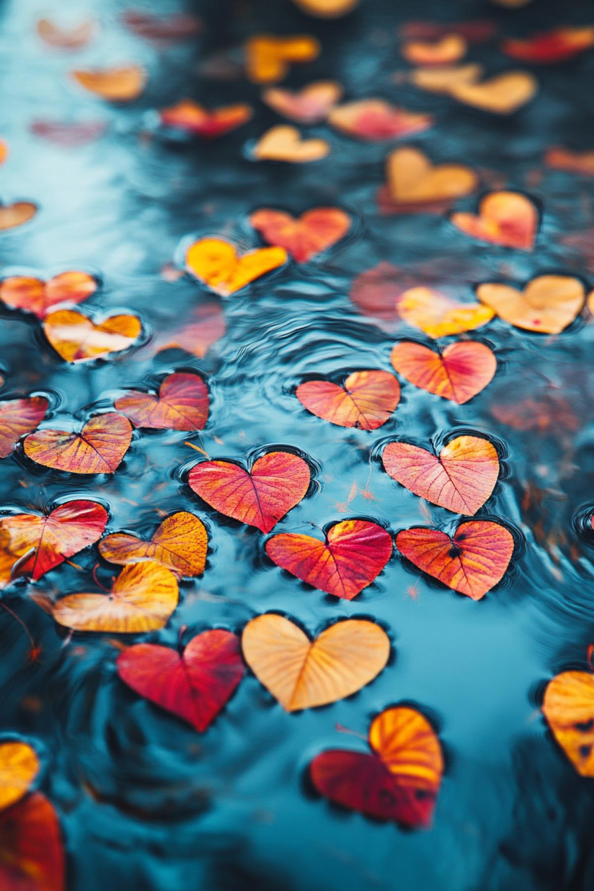 Autumn leaves on the surface of the lake in the form of hearts, around the autumn sparks