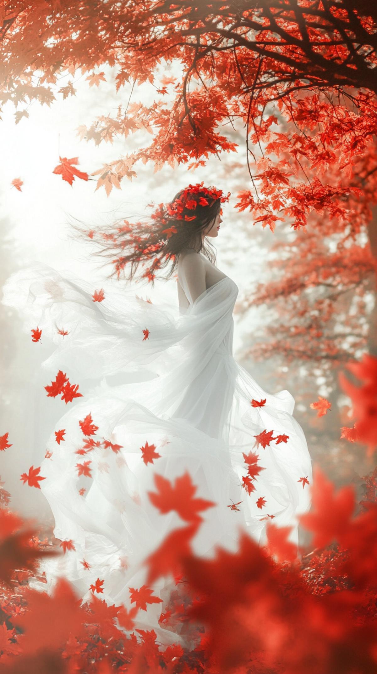 A tranquil autumn scene with a delicate, airy female figure in a flowing white dress standing amidst a cascade of red maple leaves, against a backdrop of misty trees and soft, diffused light that suggests a gentle breeze. The figures hair is adorned with a delicate floral wreath, adding to the airiness of the image. The overall atmosphere is one of calm and the beauty of natures seasonal changes, against a backdrop of silhouetted trees in the thuyman. ar 9:16