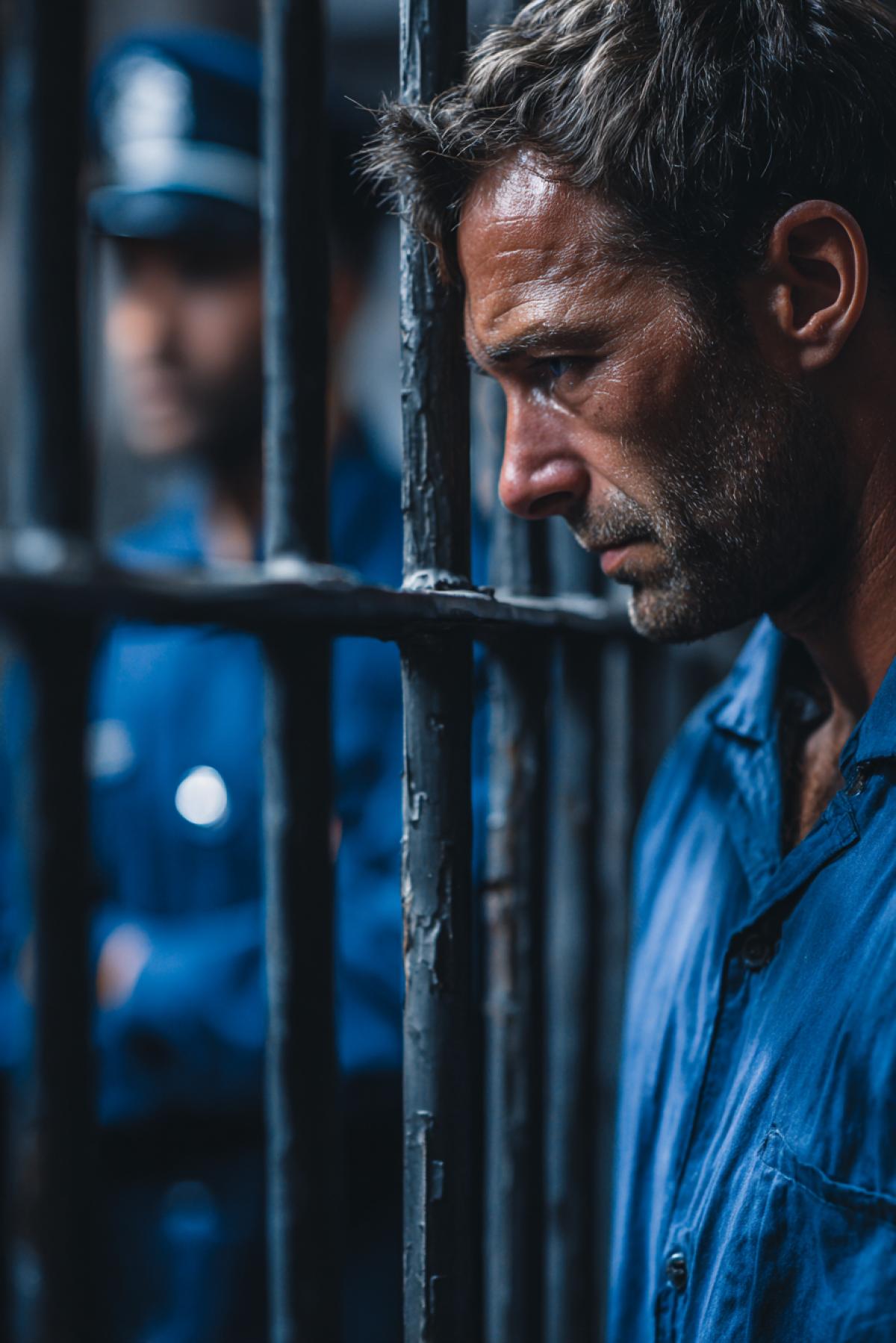 Just Sentenced to end handsome 27yo man desperation hopelessness prison clothes crying behind grill wall police guards nearby as the judge has just announced the sentence within big court room detailed photo