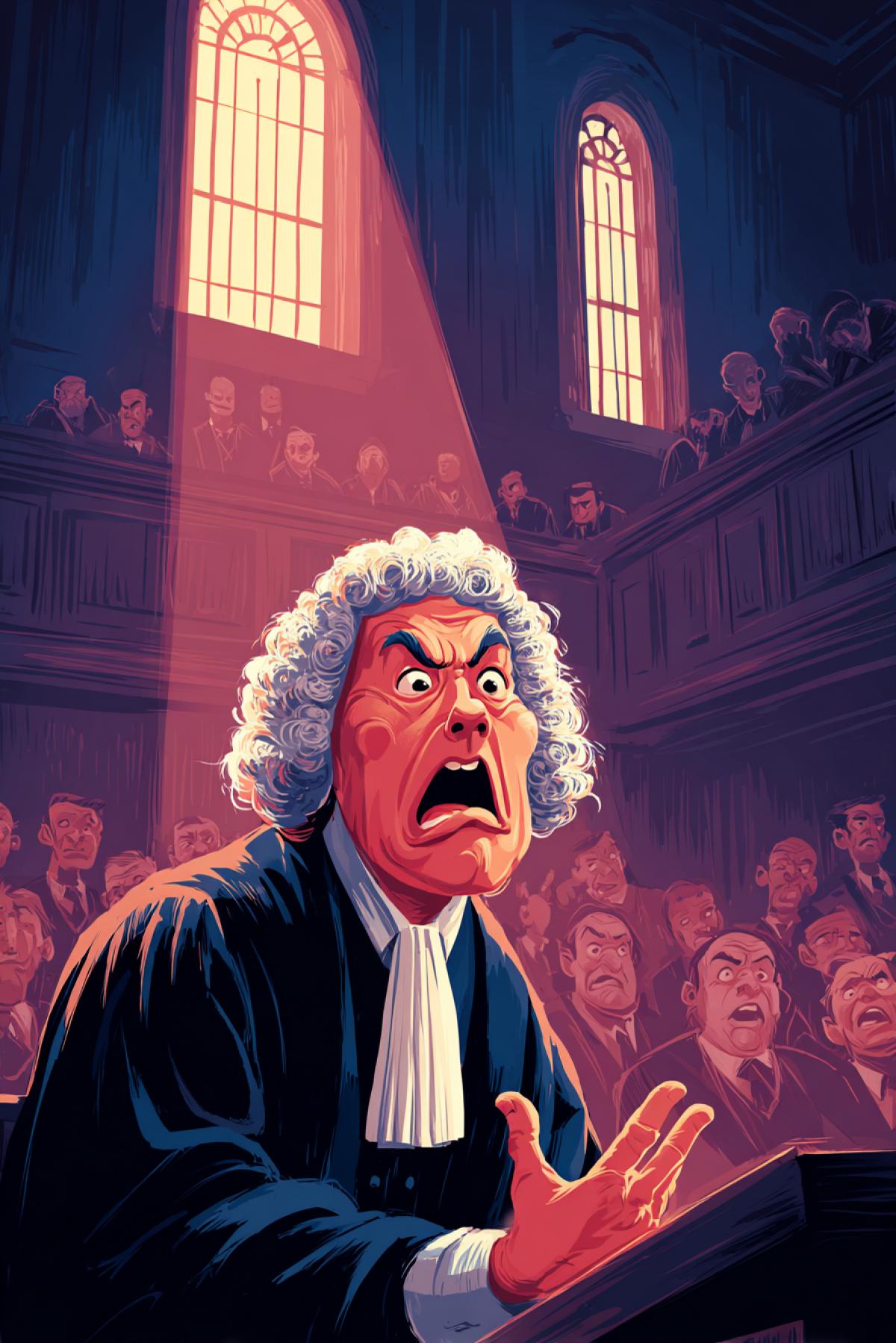 Illustration by caricature the British judge wearing wig announcing the sentence within big court room high windows audience and the sentenced man prison are shocked bright saturated colours dark background