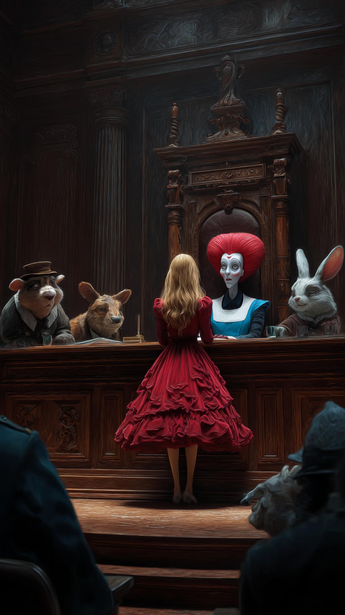 courtroom, the Red Queen is judging Alice, Alice is the defendant, the Red Queen is the judge, the animals are the jury, Disney