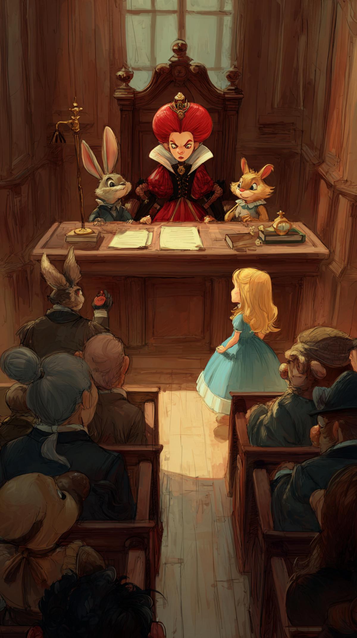 courtroom, the Red Queen is judging Alice, Alice is the defendant, the Red Queen is the judge, the animals are the jury, Disney