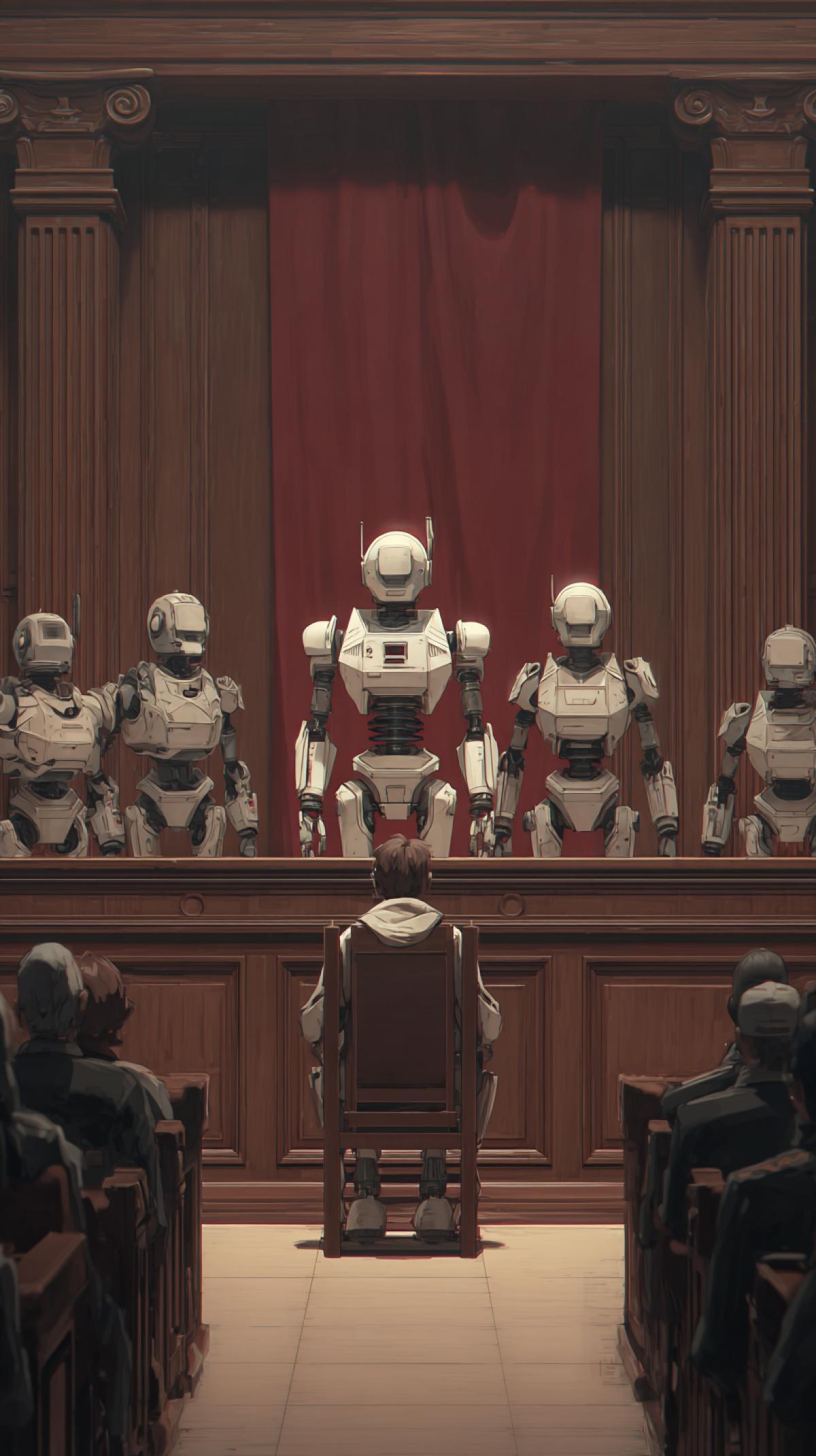courtroom, robots judging a human, human defendant, robot jurors, future, sky-fi
