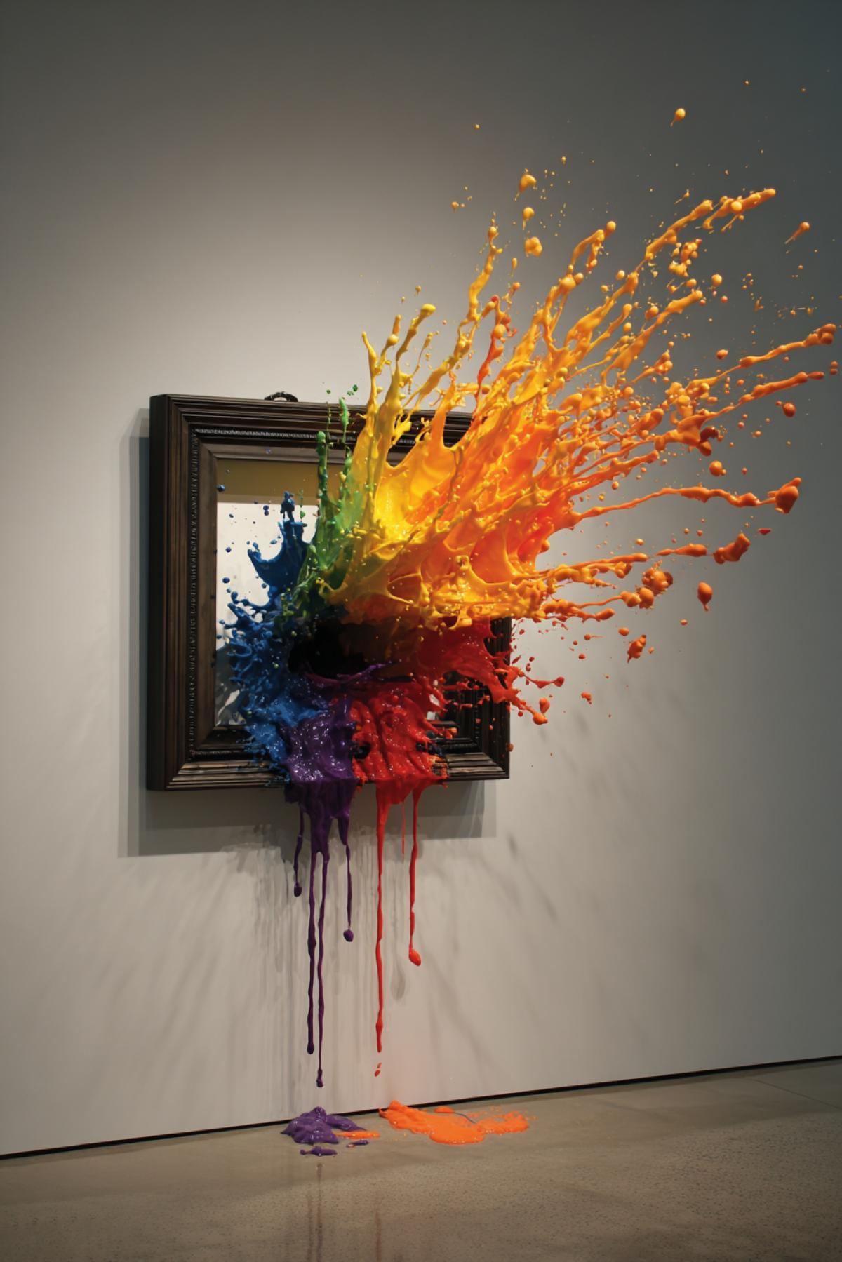 A massive, chaotic splash of vibrant paint in the style of Jackson Pollock violently erupts from a broken, minimalist dark picture frame. The paint is photorealistic, glossy, and has three-dimensional volume as it drips down the white gallery wall. The artwork inside the frame is flat 2D, while the explosion is 3D.