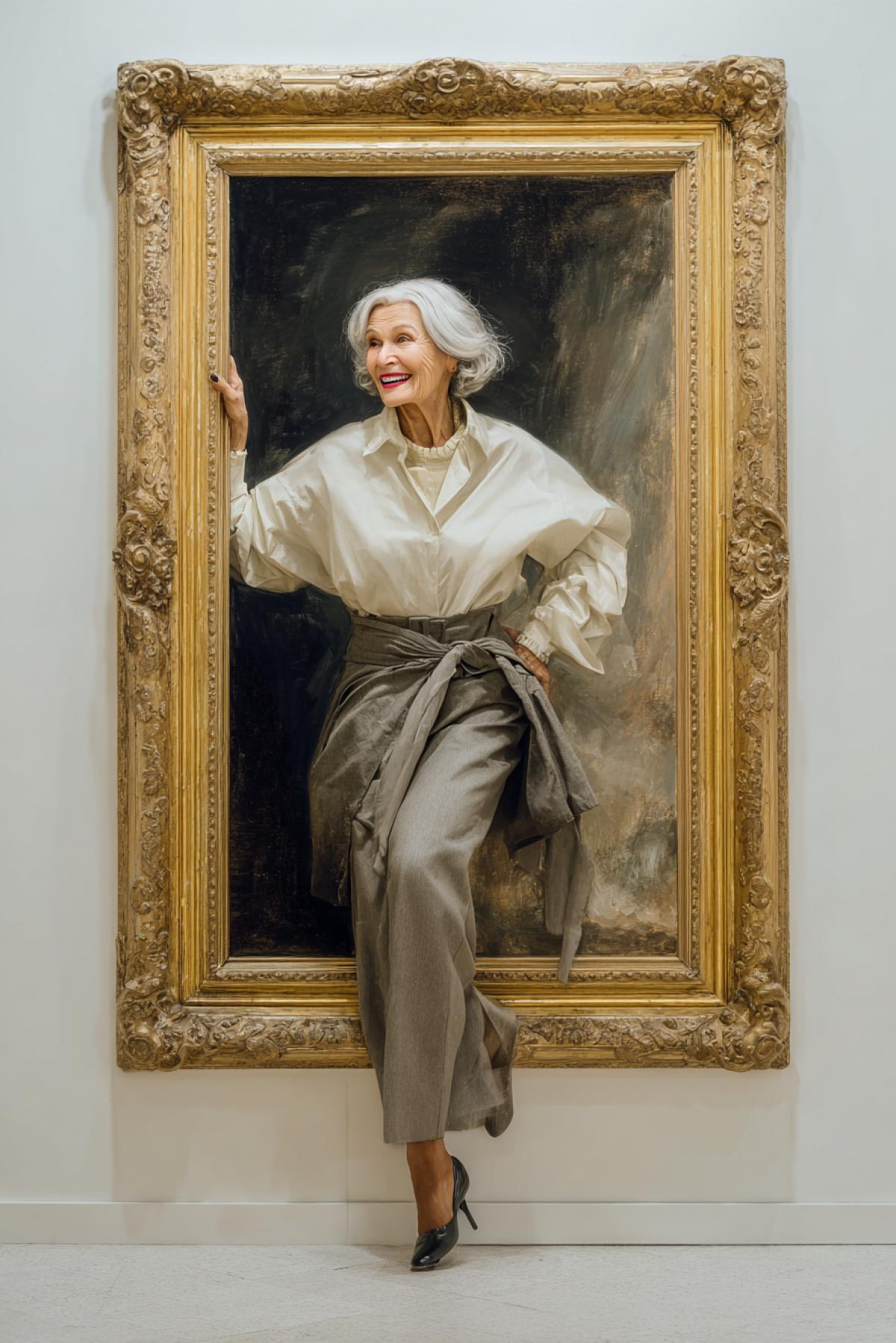 photorealistic, a graceful elderly woman with silver hair and a joyful smile is actively stepping out of a classic oil painting portrait. Her foot and hand are already outside the ornate golden frame, touching the white gallery wall. The canvas behind her is intact, but she is emerging from it as a three-dimensional person, creating a seamless transition from 2D to 3D.