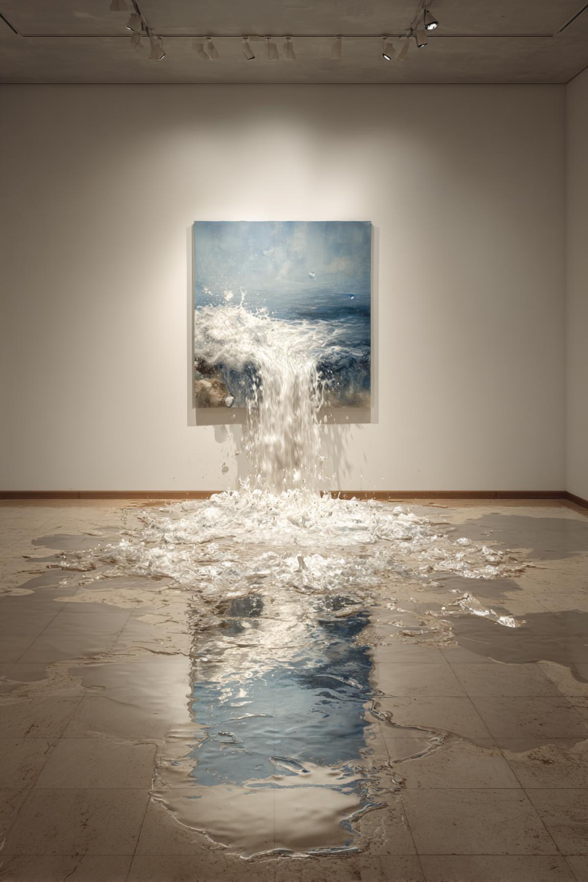 A waterfall pouring from a hanging canvas onto the floor of a white art gallery. Photorealistic water, splashing, creating puddles and wet stains on the clean floor. Light reflects off the 3D water droplets, while the painting itself remains a dry 2D image. wide-angle shot ar 2:3 style raw