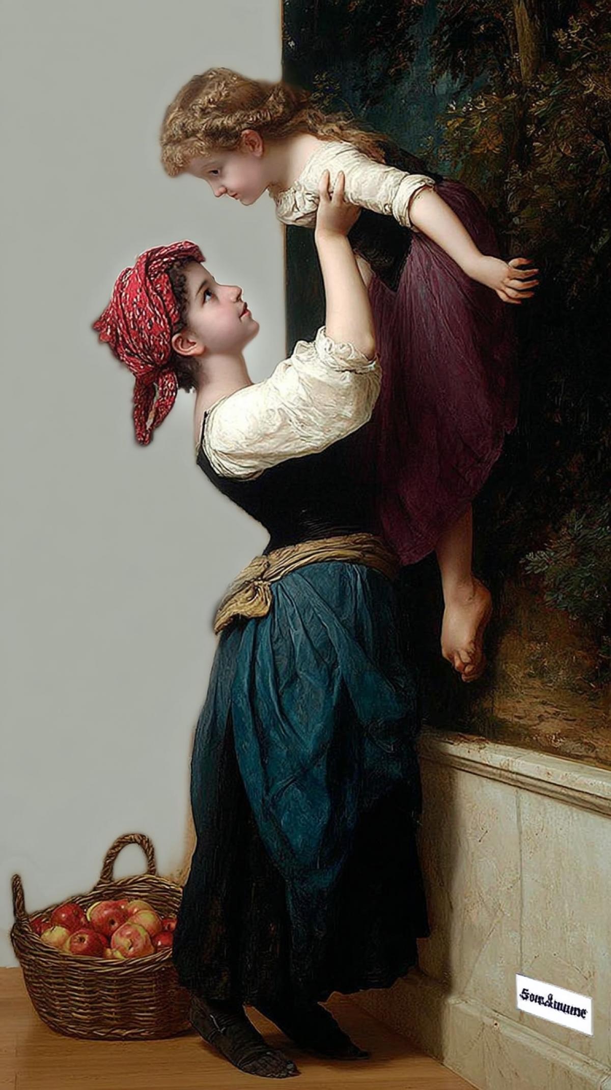 The painting Little Thieves by Adolphe-William Bouguereau, the girl has left the painting and is taking her little sister with her, the sister is helping the younger one to climb over the wall, and there is a basket full of apples on the ground next to them. The background of the painting is a dense, dark forest, creating a sense of mystery and adventure, diorama, 1872