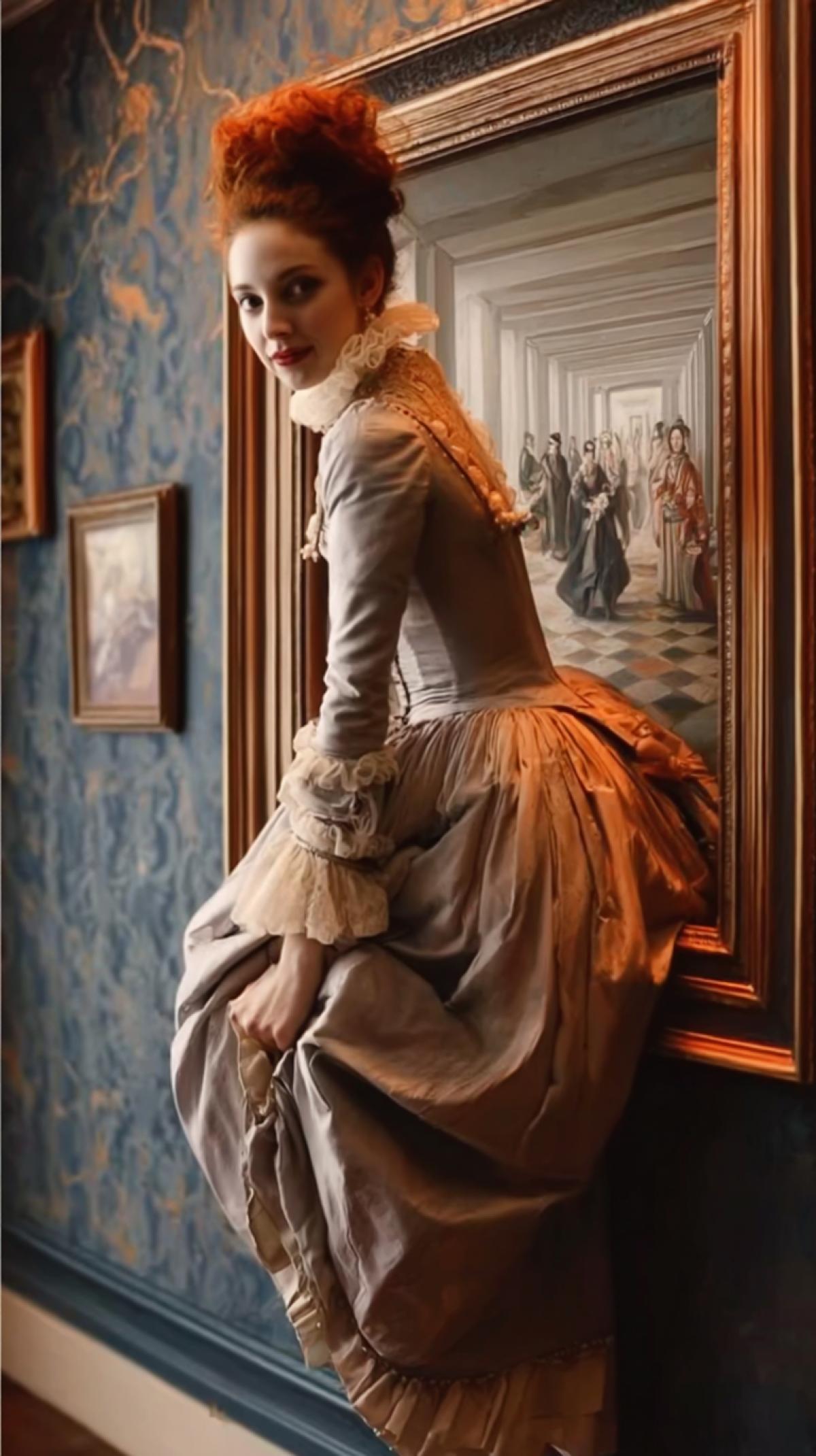a girl in a full dress comes out of a painting, diorama, 18th century