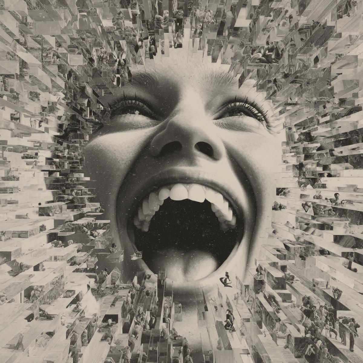 The picture from which joyful people break out. Volume, reality