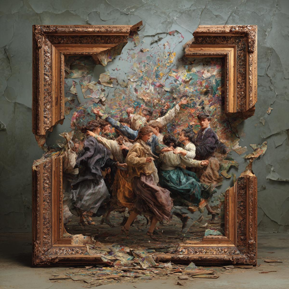 The picture in the frame from which joyful people break out.  Volume, reality