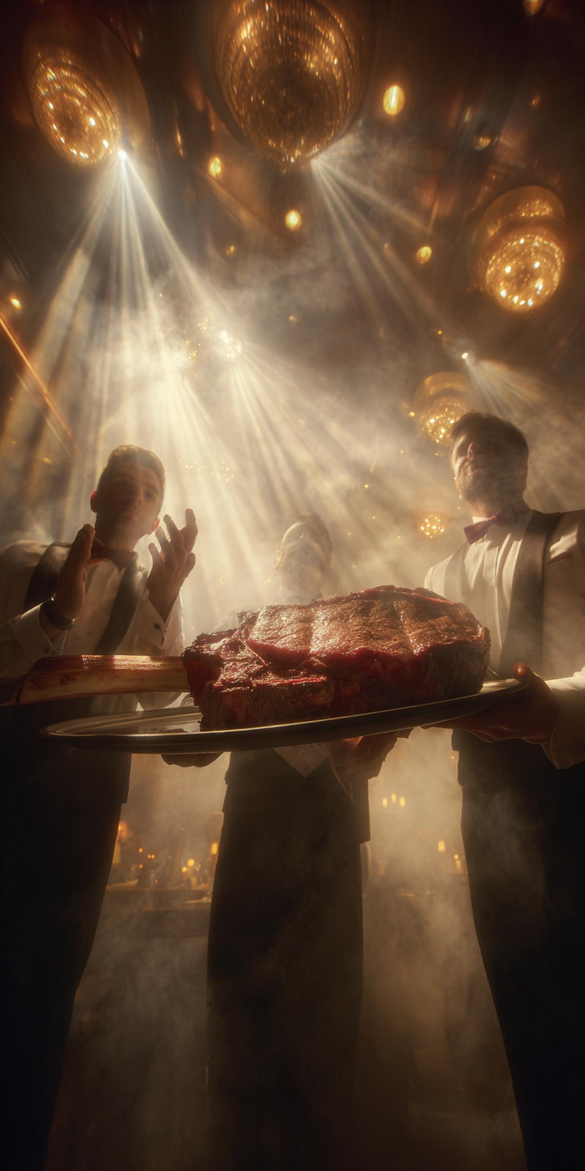 Award-winning photo, the grand reveal of a sizzling tomahawk steak, carried by two waiters through a smoky, dramatic fine dining restaurant. Dynamic low angle shot, capturing the moment of applause, light beams through the haze, hyper-realistic, cinematic lighting, 32mm lens, sense of grandeur and anticipation.