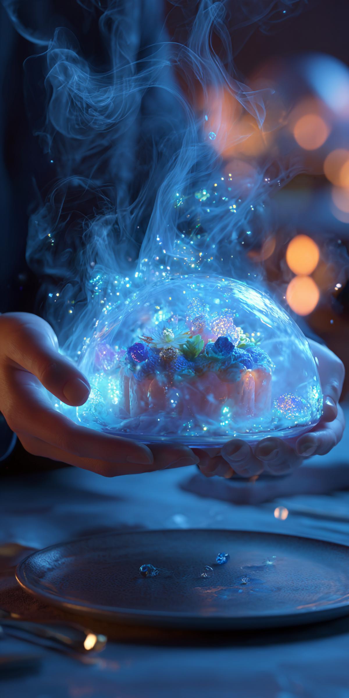 Magical moment of serving an exquisite glowing dessert, floating in a crystal orb. A chefs hands present it to amazed guests at a dark, 4k table. Swirls of ethereal mist, sparkling fairy lights, bioluminescent details, fantasy art, trending on ArtStation, mystical ambiance, shot with a macro lens, ultra-detailed.