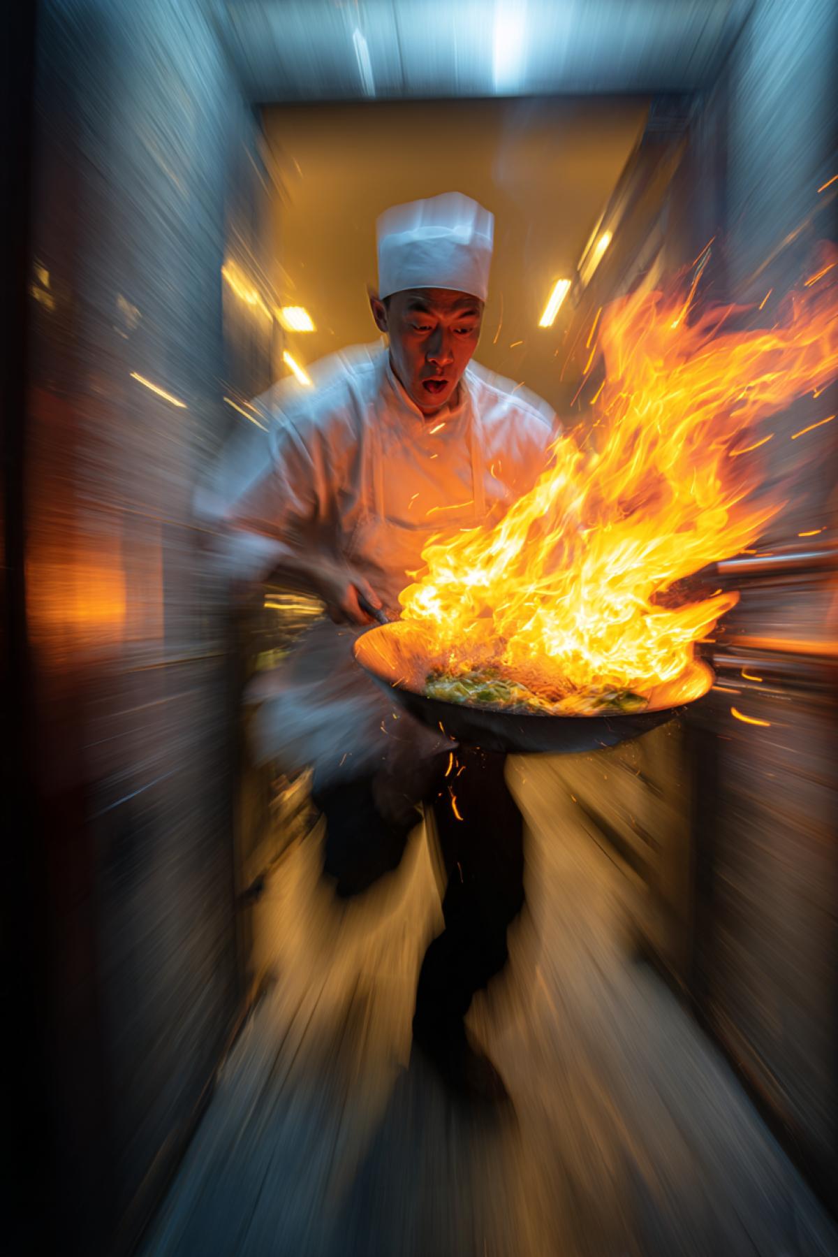 Dynamic action shot of a flaming wok dish being carried at high speed by a chef through a ling kitchen doors. Motion blur background, sharp focus on the sizzling food and intense expression of the chef, sparks flying, high-speed photography, vibrant colors, sense of urgency and , shot on 50mm.