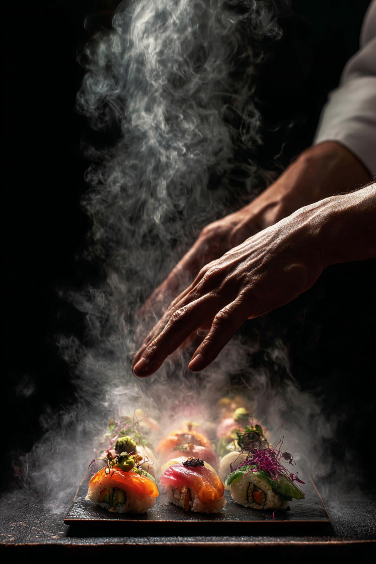 Theatrical presentation of a vibrant sushi platter as a centerpiece. A waiters hands place it on a dark table, causing dry ice smoke to cascade dramatically. Top-down shot (flat lay), minimalist com4k, the colors of the sushi pop against the dark background, artistic food photography, high contrast, clean aesthetics.
