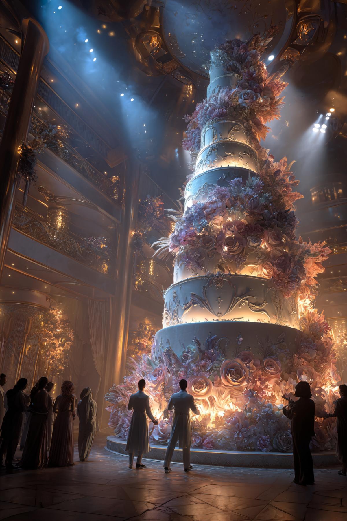 Cinematic wide shot of the grand reveal of an enormous, fantastical cake with multiple tiers, intricate sugar flower sculptures and glowing edible crystals. Two servers carry the masterpiece through grand hall doors, presenting it to a captivated audience. Dramatic spotlight on the cake, warm ambient light on the amazed faces, low angle view, sense of awe and celebration, hyper-detailed, photorealistic, Vogue living style, volumetric lighting.