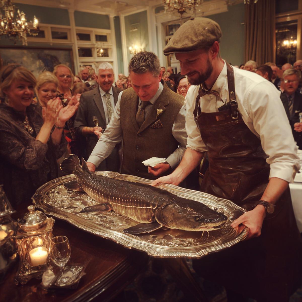 Spectacular removal with a cook of a ed sturgeon on a tray, beautifully decorated.  Clients enthusiastically applaud what is happening