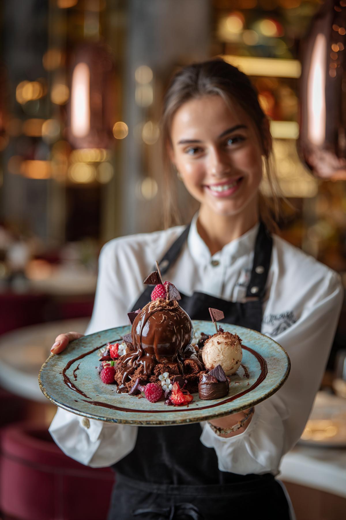 Impressive ready dessert beautifully served and presented by charming 23yo waitress