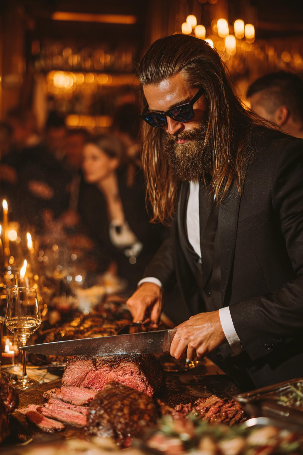 Mysterious butcher handsome long hair sunglasses epic effective artistic 4k presenting big beef steak slicing it in front of the guests on serving table
