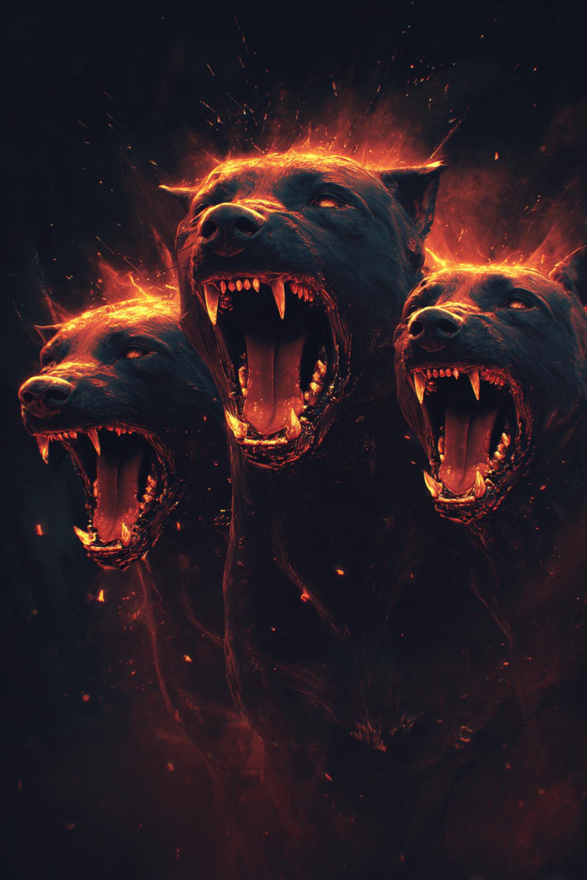 Cerberus multiheaded hound with single angry aggressive terrible at gate to underworld mystic light horror breathtaking art