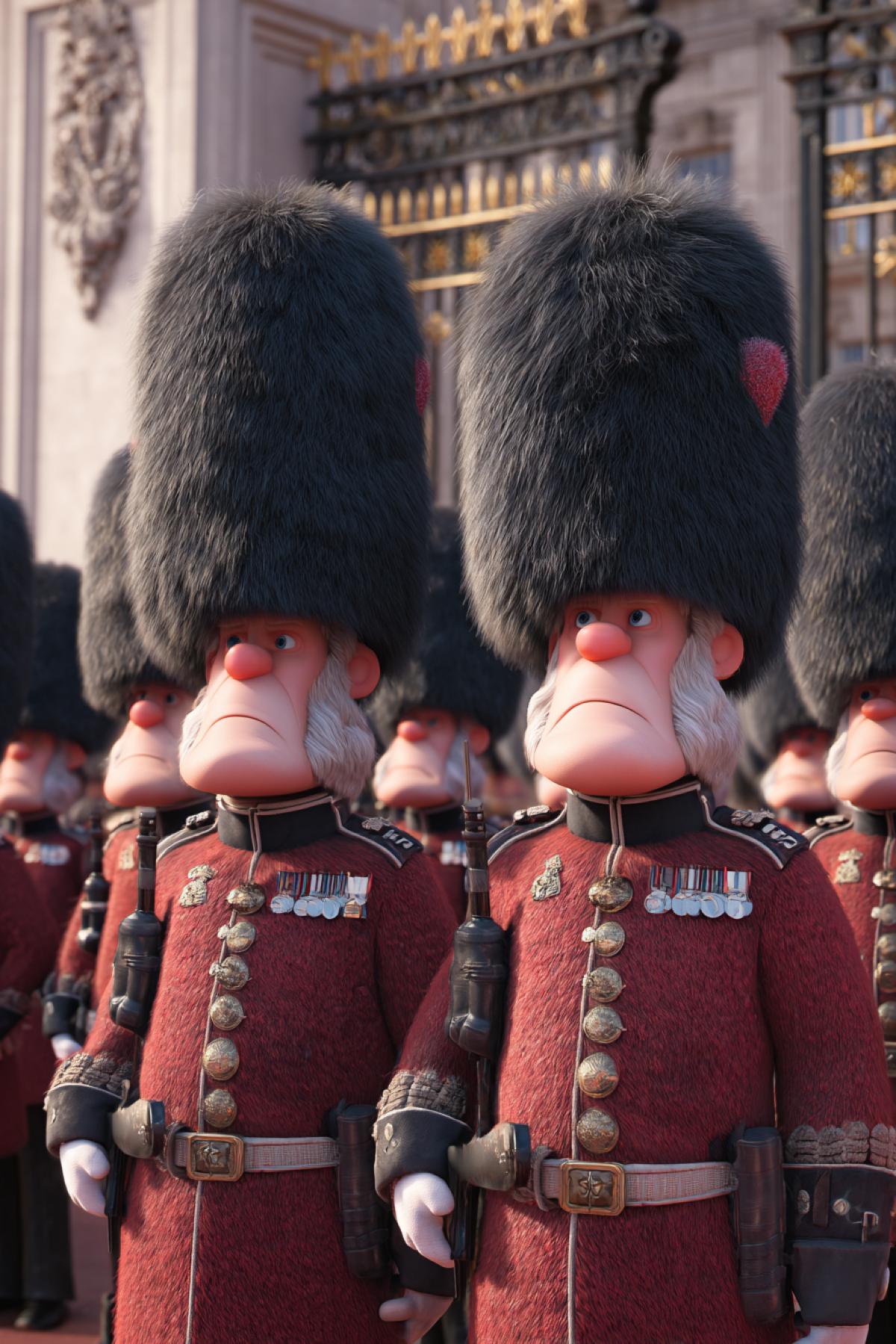 Scottish guards at the Buckingham palace gates 3d Pixar il ration