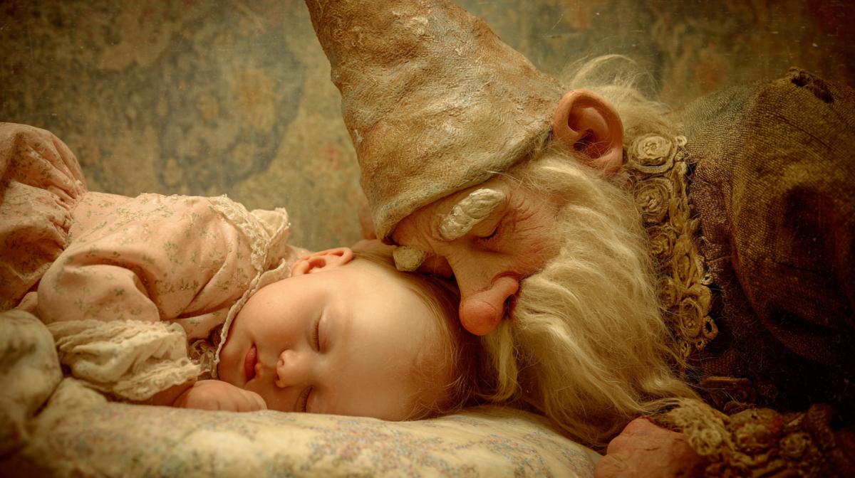 A little gnome-foul the patron saint of sweet dreams sits at the head of the baby sleeping on the pillow of the baby, Kenai, childrens il ration, altogether, the gnomik strokes the child, the gnome etheric