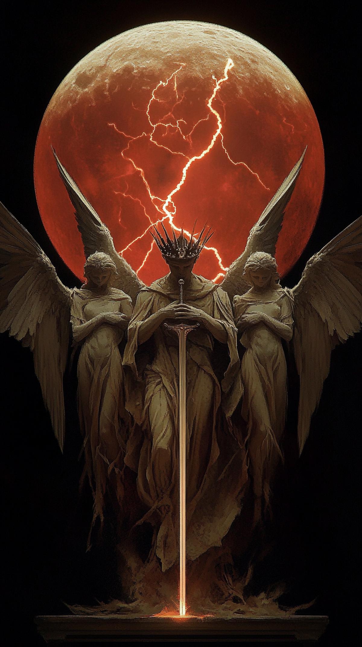 A majestic figure with angelic wings and a sword, flanked by another angel on each side, stands before a fiery moon with lightning. The figure is adorned with a crown and a mantle, exuding an aura of power and divinity. The background is dark, with the fiery hues of the moon dominating the upper half of the image. The figures wings are spread wide, and the angels hands rest firmly on the hilt of the sword, symbolizing the unshakable protection of higher powers from penetrating beyond the moon. The overall style of the image is dramatic and otherworldly, emphasizing the royalty and power of the central figure.