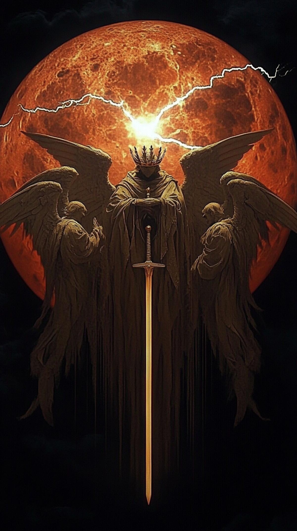 A majestic figure with angelic wings and a sword, flanked by another angel on each side, stands before a fiery moon with lightning. The figure is adorned with a crown and a mantle, exuding an aura of power and divinity. The background is dark, with the fiery hues of the moon dominating the upper half of the image. The figures wings are spread wide, and the angels hands rest firmly on the hilt of the sword, symbolizing the unshakable protection of higher powers from penetrating beyond the moon. The overall style of the image is dramatic and otherworldly, emphasizing the royalty and power of the central figure.