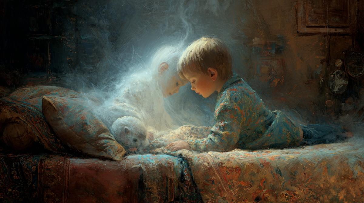 Small house-ghost-free-spray patron saint of sweet dreams sits at the head of the baby sleeping on the pillow, Kenai, childrens il ration, sweet, household strokes the child, house-industrial etheric households