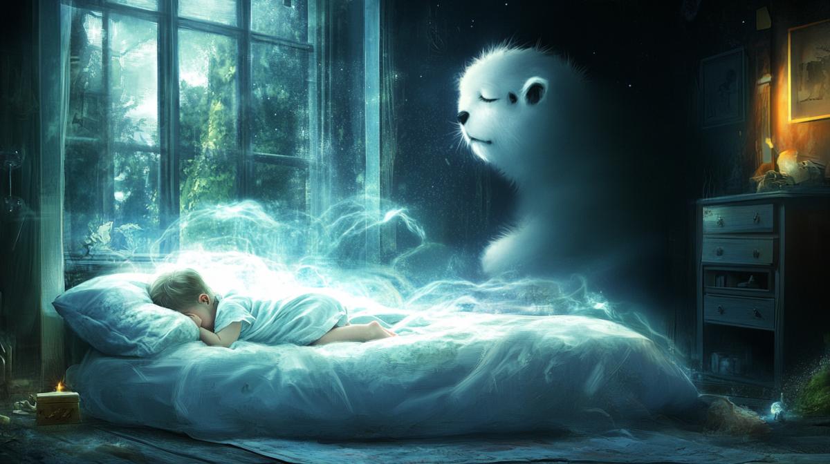 Small house-ghost-free-spray patron saint of sweet dreams sits at the head of the baby sleeping on the pillow, Kenai, childrens il ration, sweet, household strokes the child, house-industrial etheric households