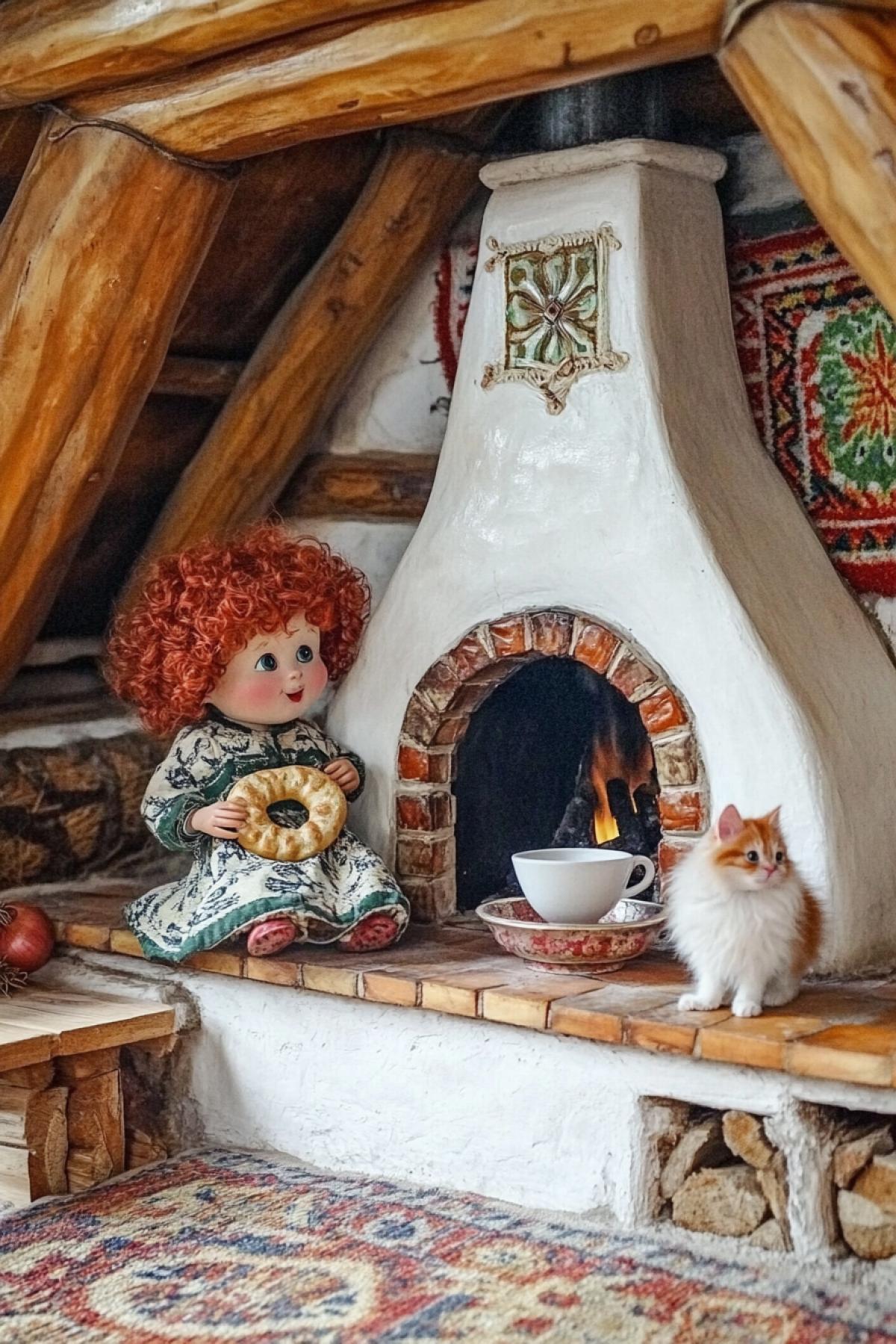 A cute little brownie with red tousled hair at the stove, holding a bagel in his hand, next to him is a bowl of milk and a red fluffy surprised kitten. Against the background of an old Slavic hut, with a Russian white stove, woven carpets, embroidered towels, a broom at the stove, a wooden bench, a bunch of onions and garlic on the wall ar 3:4