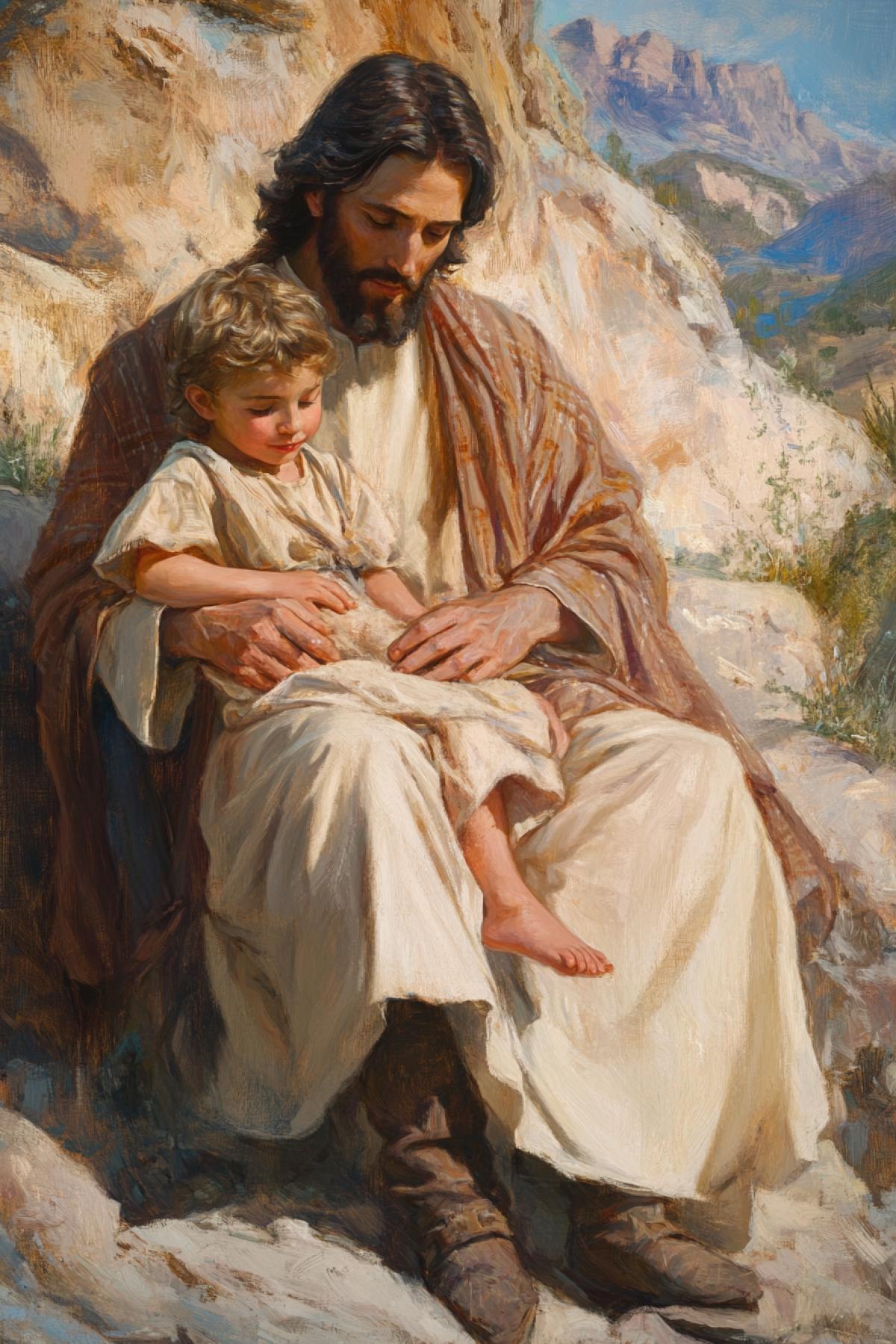 A tender scene of a man, possibly Jesus, with a young child on his lap. The man is dressed in traditional robes, suggesting a historical or religious context. The child is looking up at the man with a sense of trust and admiration. The setting is serene, with a rocky outcropping in the background, and the lighting is soft, casting gentle shadows and highlighting the textures of the clothing. The art style is realistic with a touch of softness, capturing the warmth of the interaction between the two figures. ar 3:4