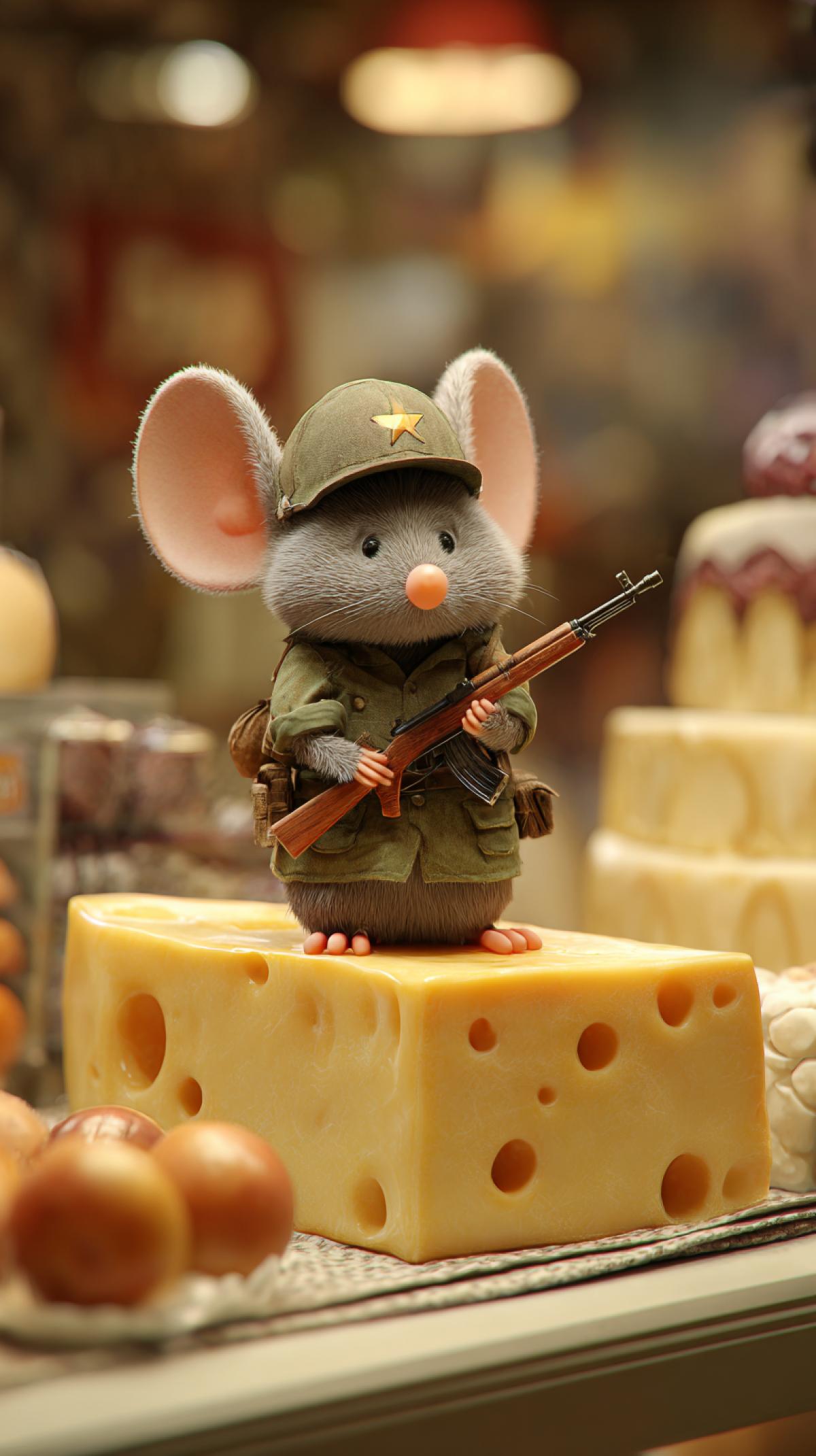 Mouse-mouse Kenai with guns Honorary guard on the counter at a big piece of cheese, Pixar