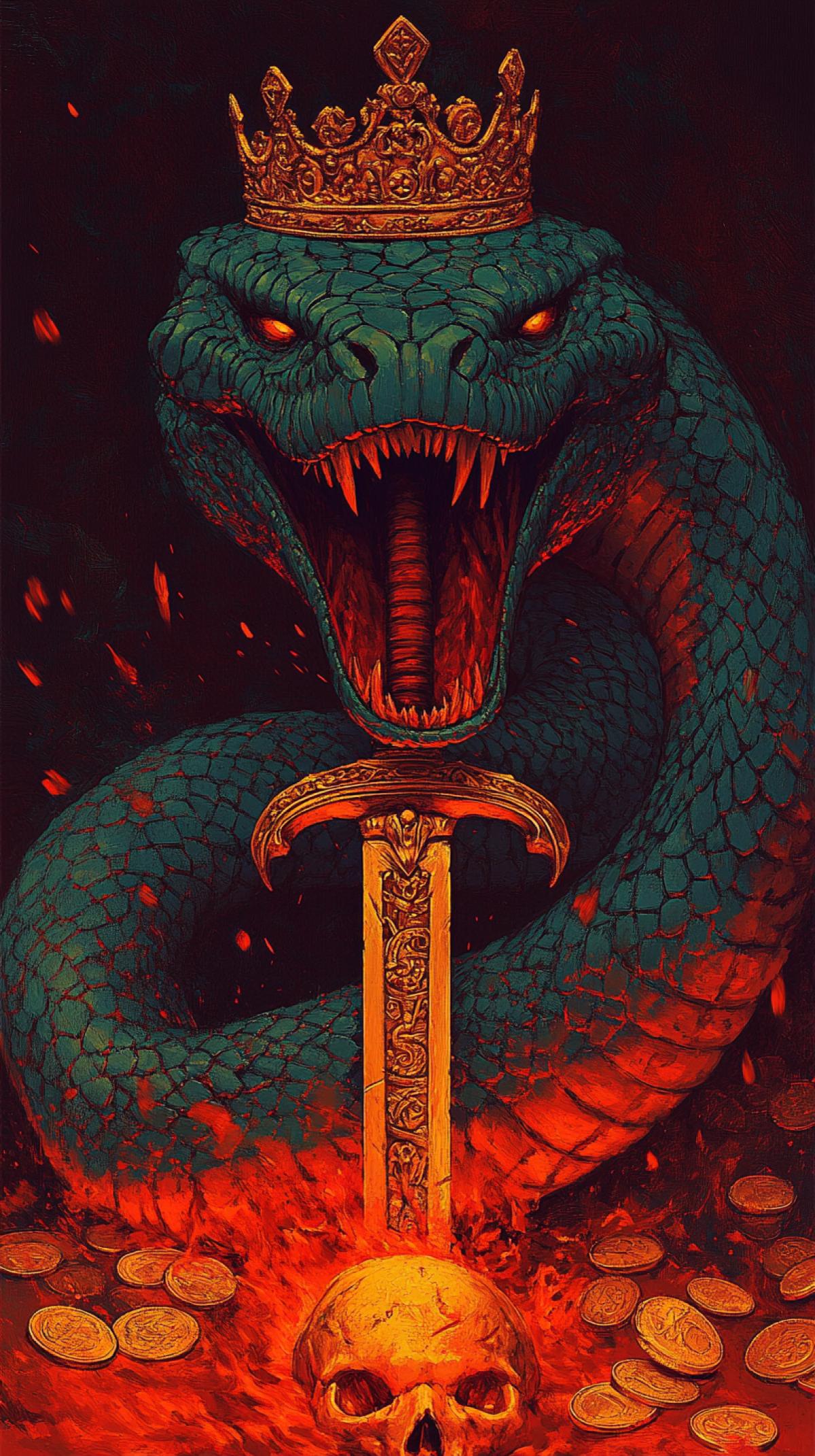 A detailed dark fantasy oil painting of a ferocious dark serpent, wearing a golden crown and a fiery orange belly, wrapped around a glowing molten skull. The serpent luxurys its fangs and glares as it wraps around a sword with glittering runes. Scattered around are gold coins and gold bars. The background is dark and rich, with splashes of embers and ash. Dramatic lighting and high-contrast gothic fantasy illustration create a powerful and impressive image.