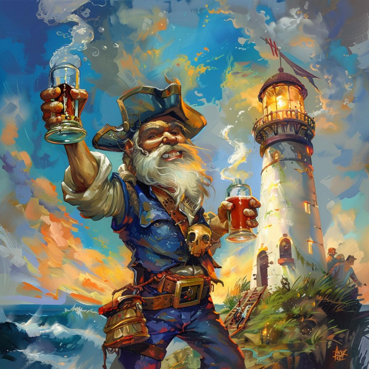 Drunk, cheerful sailor like a sea guard of a lighthouse