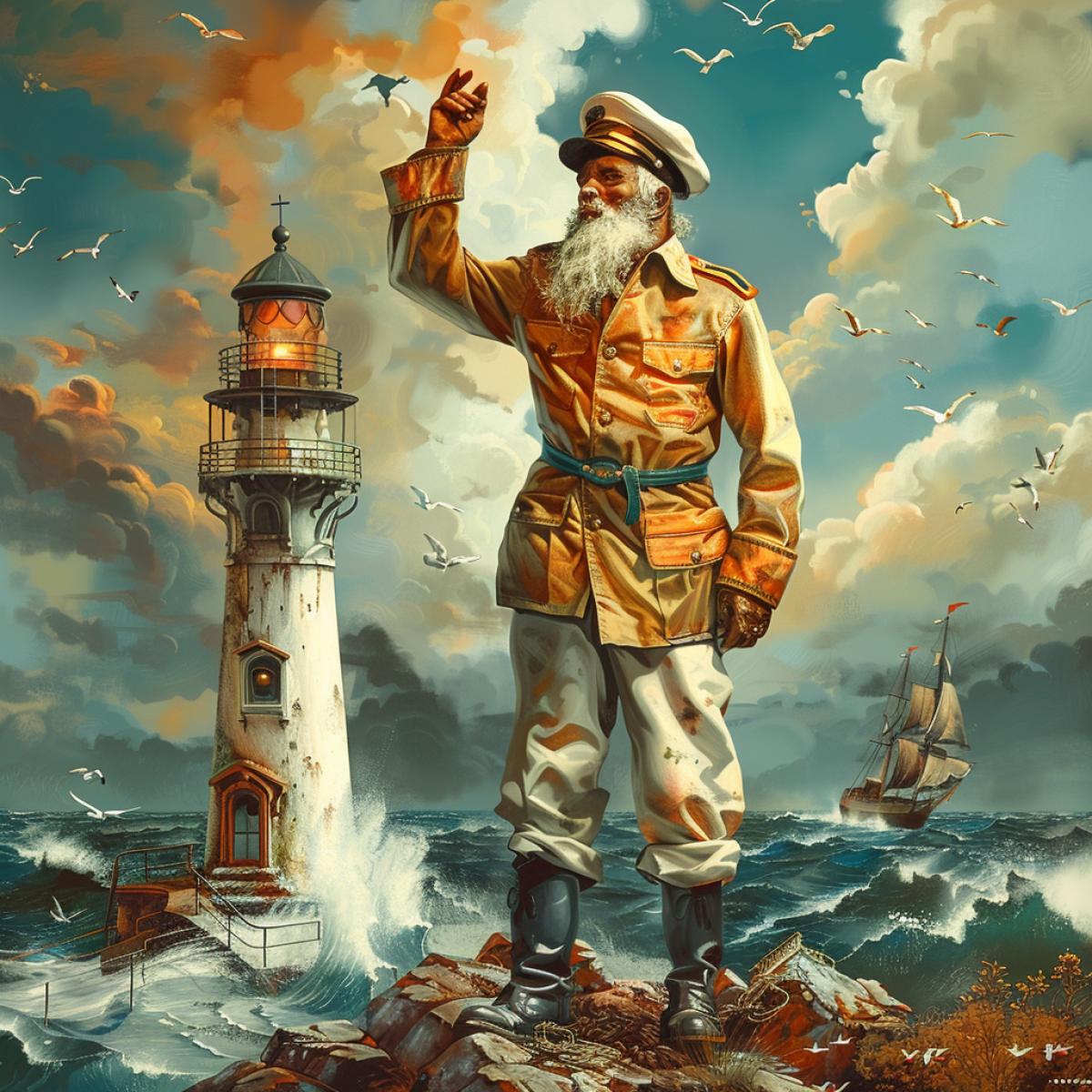 Merry sailor as a marine guard of a lighthouse